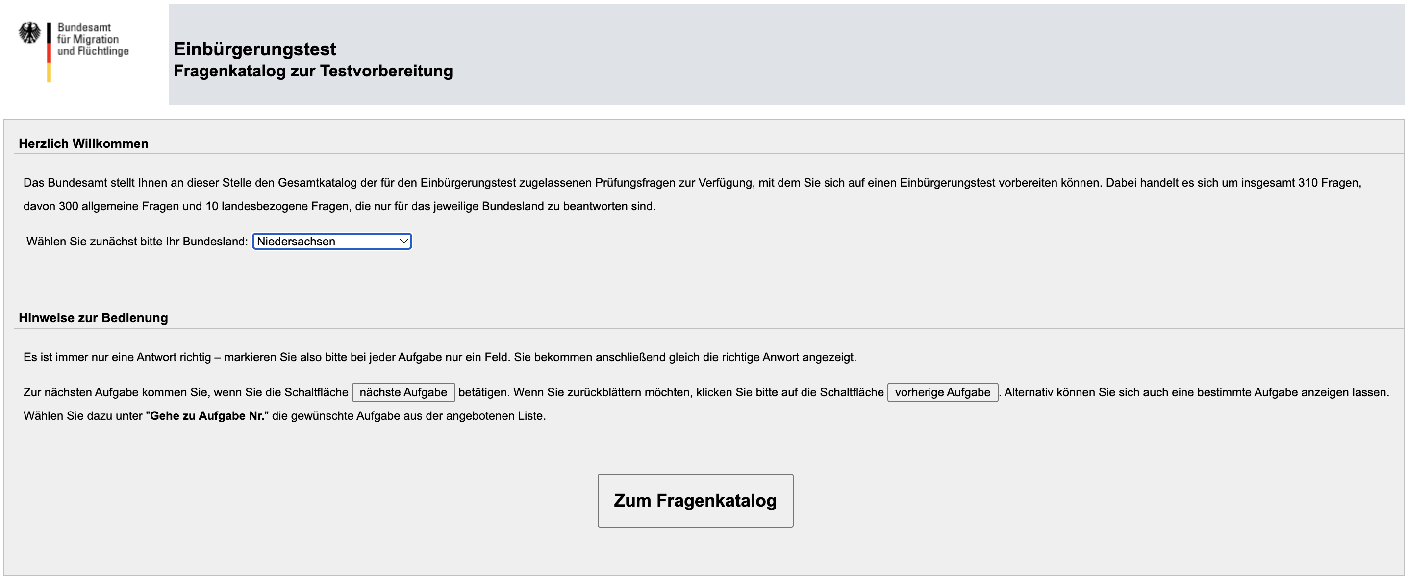 Einbürgerungstest - Startseite zum interaktiven Fragenkatalog